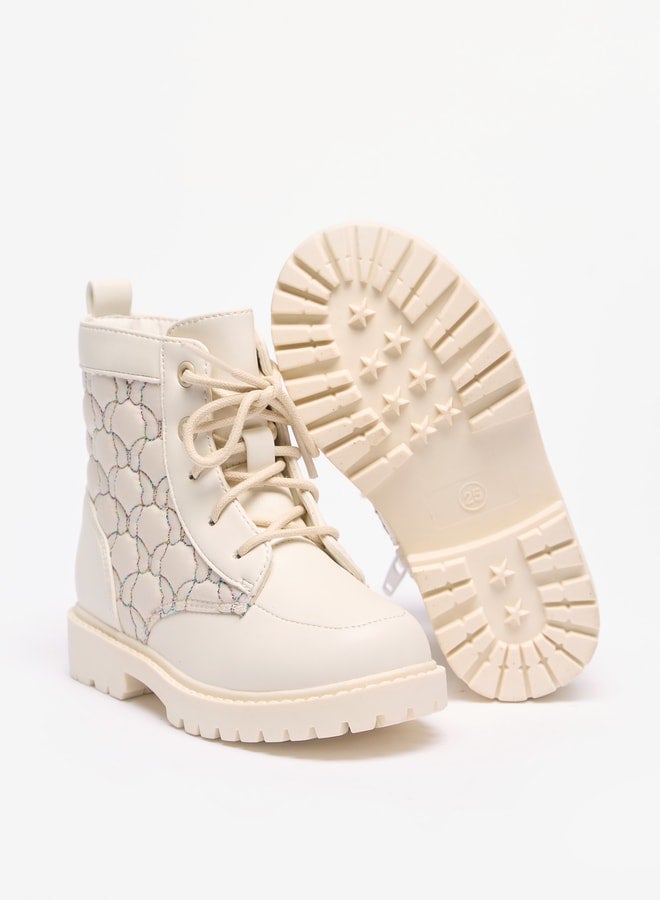 Girls Butterfly Quilted High Cut Boots with Lace-Up Closure