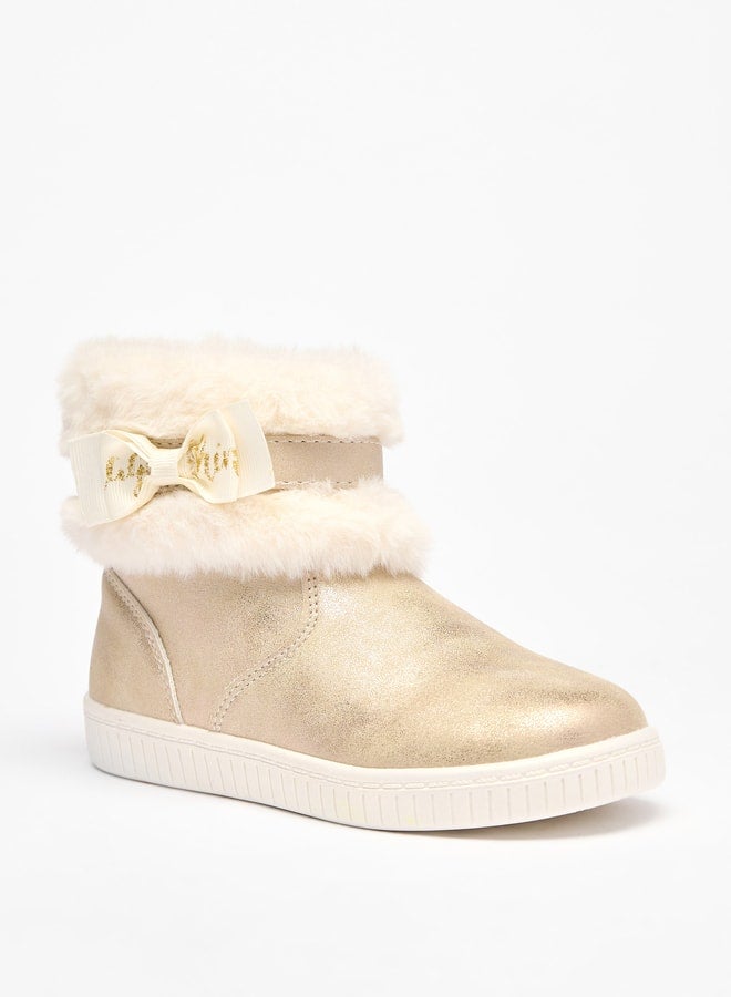 Girl's Faux Fur Ankle Boots with Bow Detail and Zip Closure