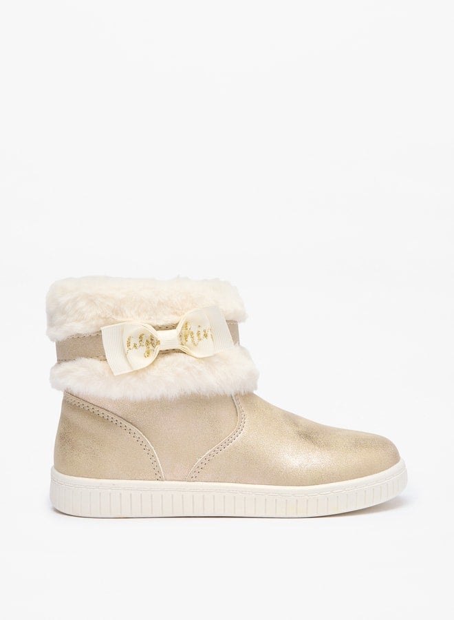 Girl's Faux Fur Ankle Boots with Bow Detail and Zip Closure