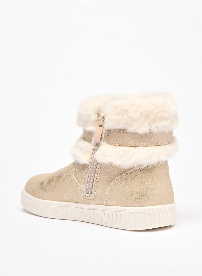 Girl's Faux Fur Ankle Boots with Bow Detail and Zip Closure