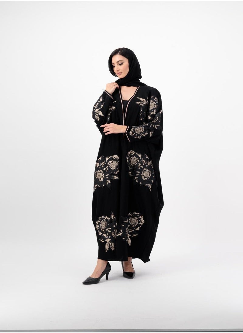 Applique detailed Gold flowers on front open abaya