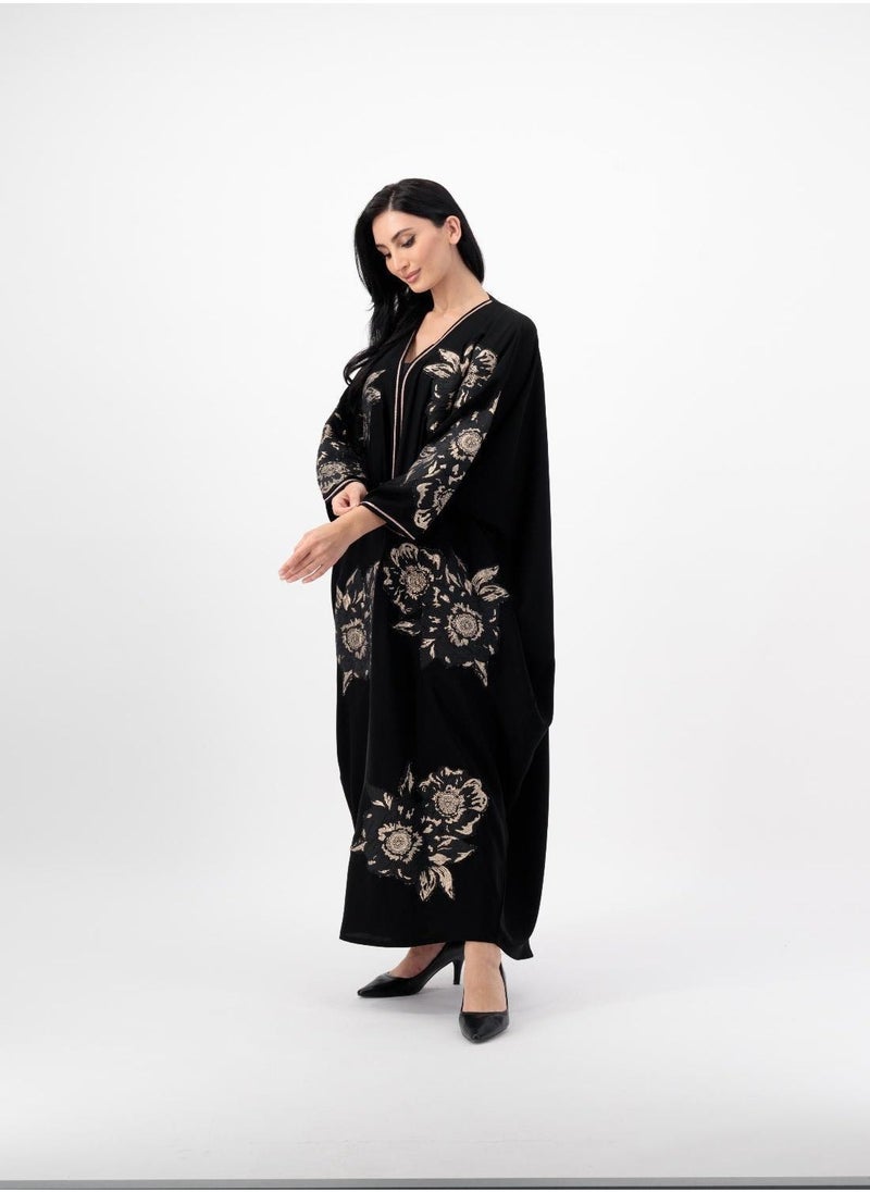 Applique detailed Gold flowers on front open abaya