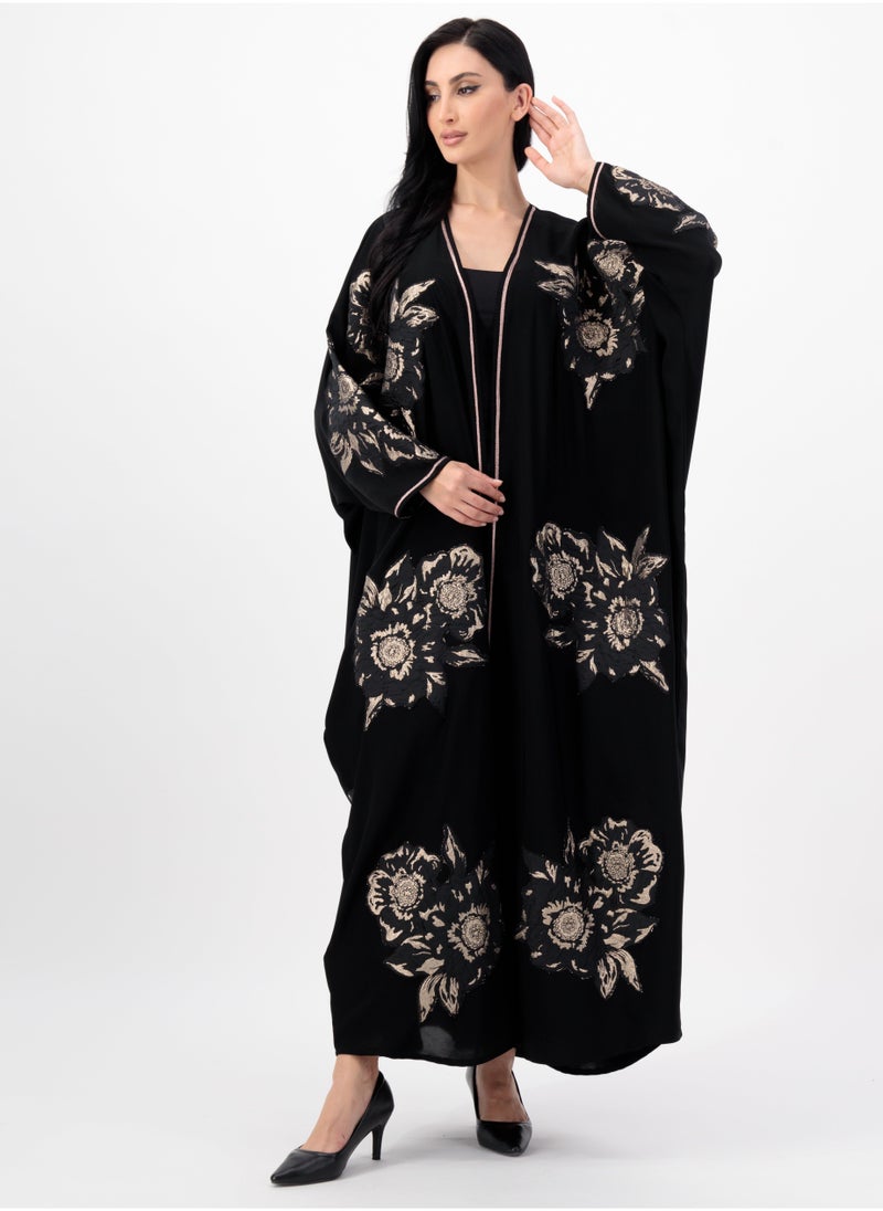 Applique detailed Gold flowers on front open abaya