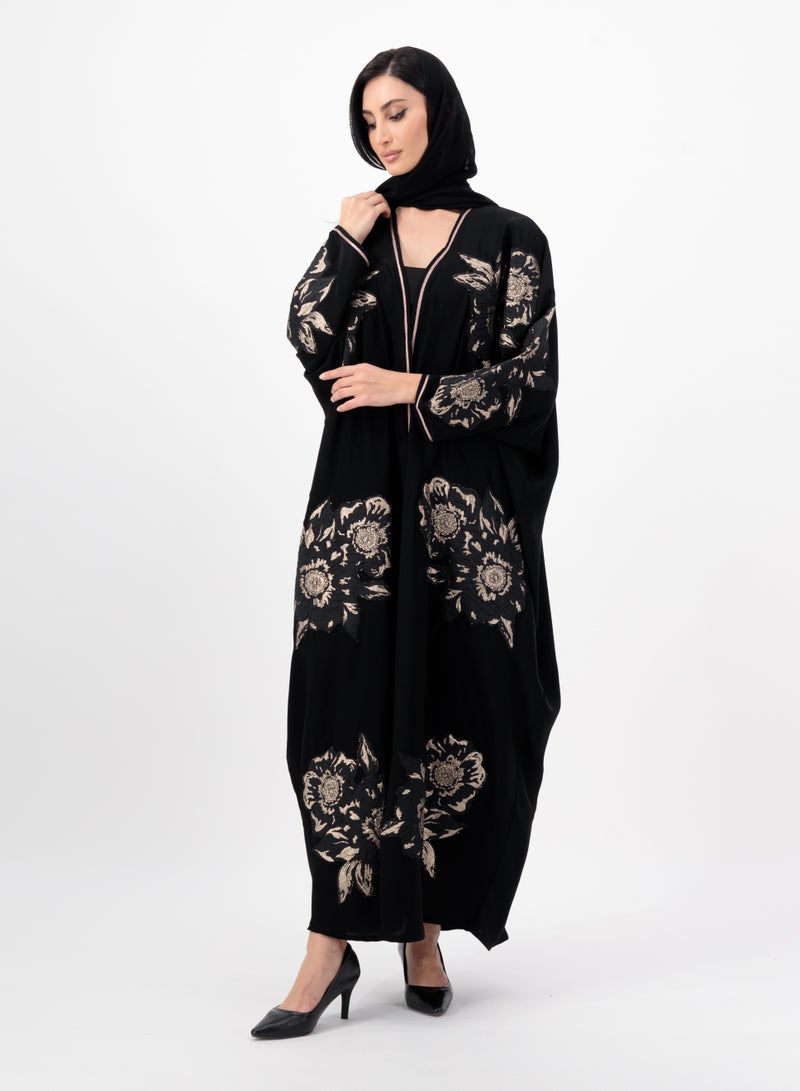 Applique detailed Gold flowers on front open abaya