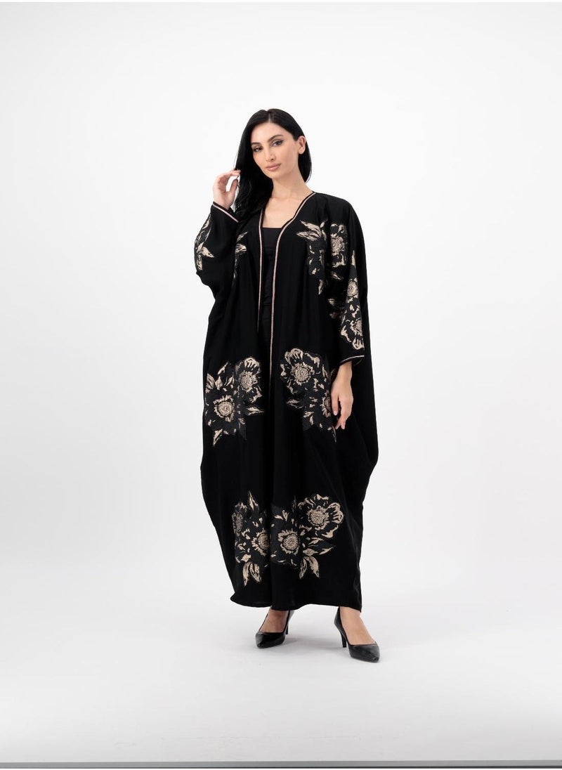 Applique detailed Gold flowers on front open abaya