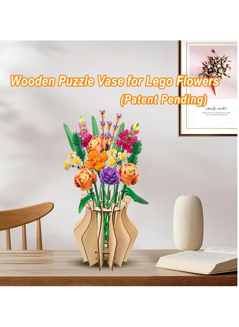 Wooden Puzzle Flower Vase, Vase for Lego Flowers, for Lego Flower Bouquet Building Set, Aesthetic Home Decor, Display Stand for Lego Roses Cherry Blossom Sunflower Tulips Daffodils Lotus