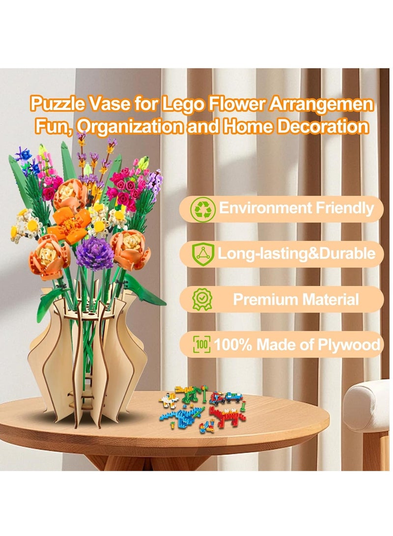 Wooden Puzzle Flower Vase, Vase for Lego Flowers, for Lego Flower Bouquet Building Set, Aesthetic Home Decor, Display Stand for Lego Roses Cherry Blossom Sunflower Tulips Daffodils Lotus