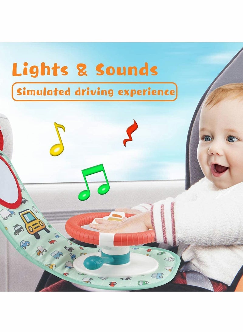 Infant Car Seat Play Toys with Mirror, Musical Steering Wheel and Light Features for Engaging Travel Fun