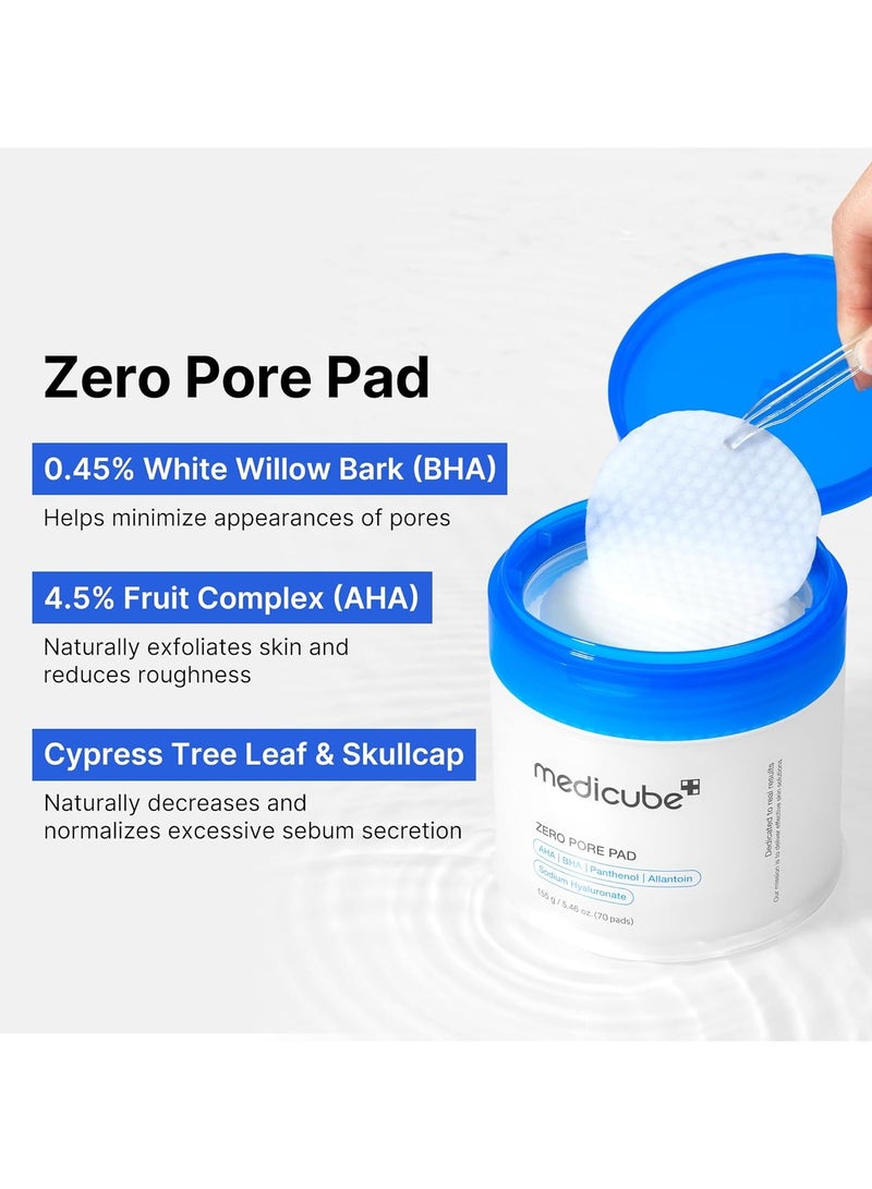 Medicube Zero Pore Pads 2.0, Dual-Textured Facial Toner Pads for Exfoliation and Pore Care with 4.5% AHA Lactic Acid & 0.45% BHA Salicylic Acid, Ideal for All Skin Types, Korean Skin Care (70 Pads)