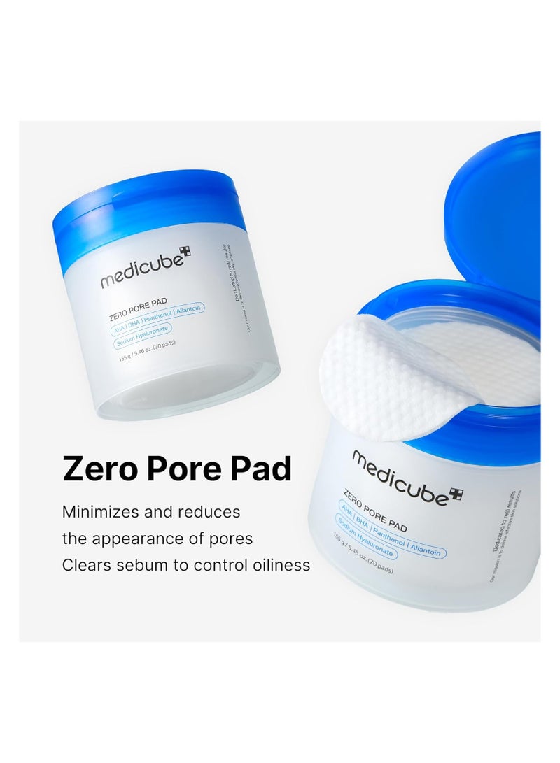 Medicube Zero Pore Pads 2.0, Dual-Textured Facial Toner Pads for Exfoliation and Pore Care with 4.5% AHA Lactic Acid & 0.45% BHA Salicylic Acid, Ideal for All Skin Types, Korean Skin Care (70 Pads)