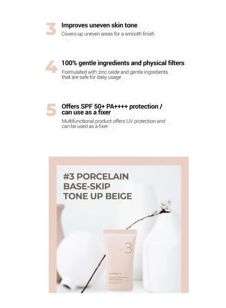 Numbuzin No.3 Porcelain Base-Skip Tone Up Beige - Powdery Finish with Light, Natural Coverage in Beige Tint for a Flawless Complexion | Korean Skincare, 50ml