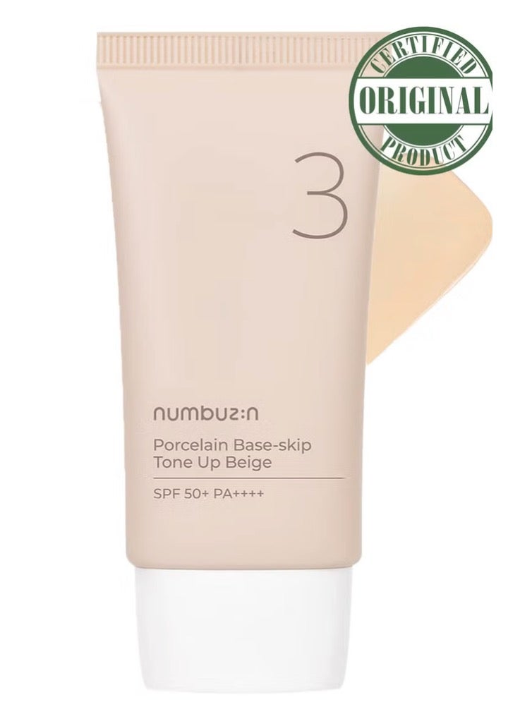 Numbuzin No.3 Porcelain Base-Skip Tone Up Beige - Powdery Finish with Light, Natural Coverage in Beige Tint for a Flawless Complexion | Korean Skincare, 50ml