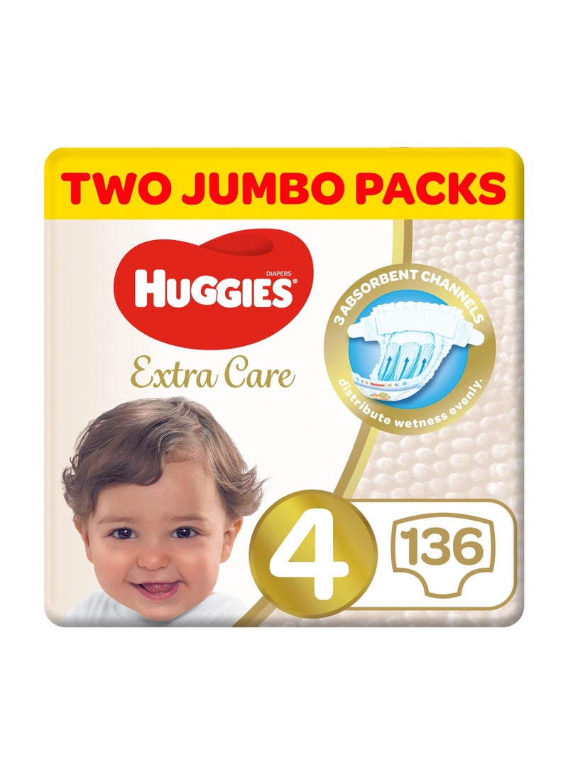 Huggies Extra Care, Size 4, 8 -14 kg, Twin Jumbo Pack, 136 Diapers