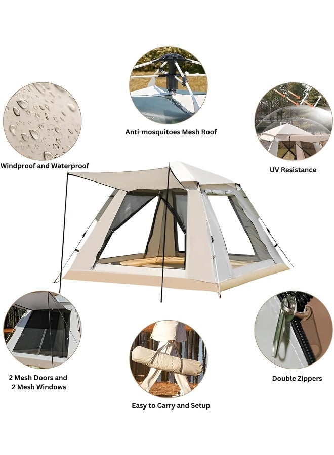 GO2CAMPS Automatic Camping Tent 6 Persons, Instant Automatic Pop Up Dome Tent, Portable Lightweight Camping Tent for Family Backpacking Hunting, Hiking Outdoor Beach Tent and Picnic Tent (Beige)