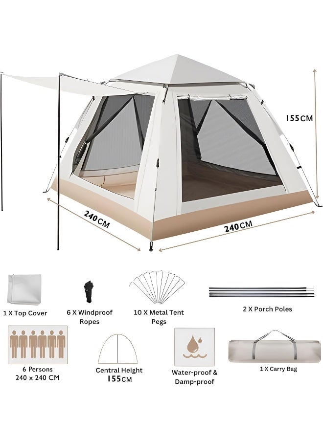 GO2CAMPS Automatic Camping Tent 6 Persons, Instant Automatic Pop Up Dome Tent, Portable Lightweight Camping Tent for Family Backpacking Hunting, Hiking Outdoor Beach Tent and Picnic Tent (Beige)