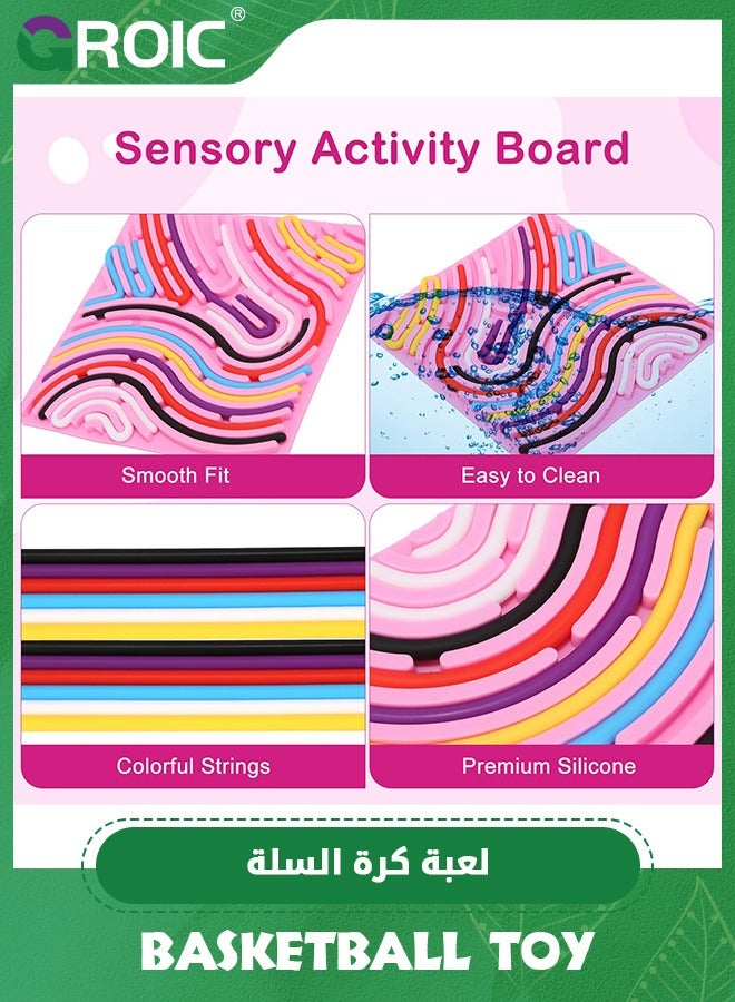 Larger Double-Sided Sensory Activity Board, Silicone Fidget Toy for Stress Relief, ADHD and Autism, Montessori Educational Learning Toys  for Kids & Adults Includes Travel Bag & 12 Strings (Pink)