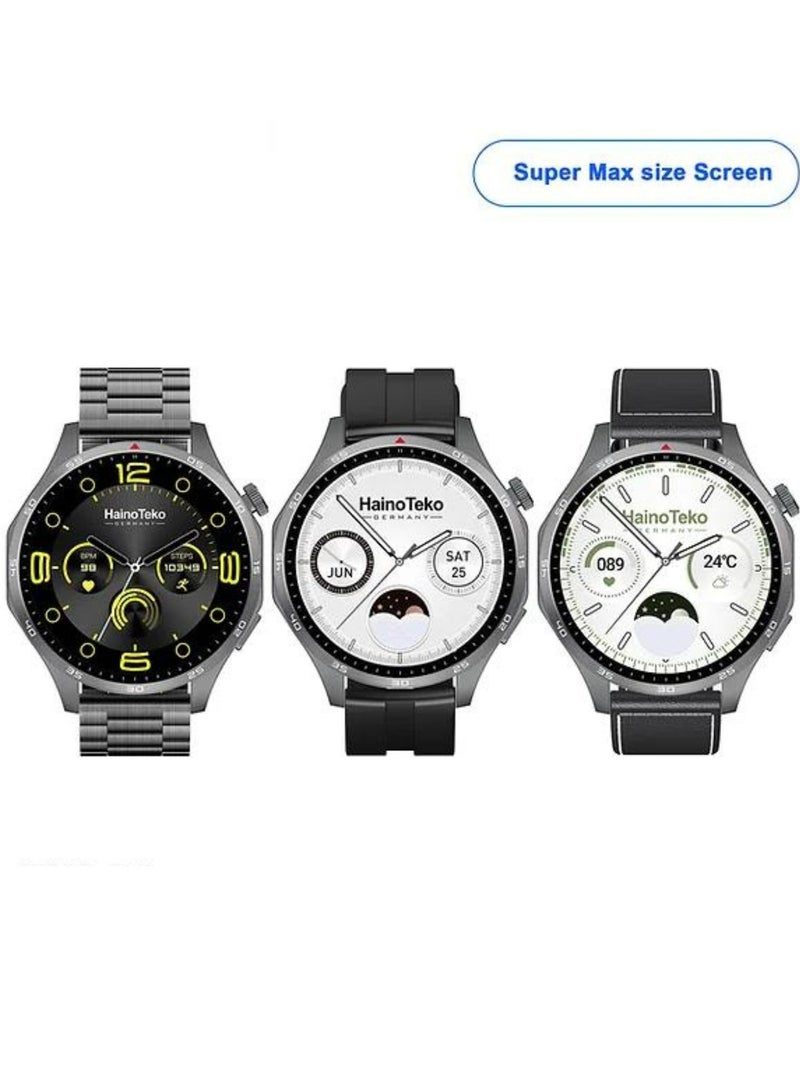 RW-54 Super Max Size (HD,IPS Amolded Display) with 3 Pairs Strap (Silicone+Leather+Stainless Steel) and Wireless Charger For Gents and Boys Black_Black