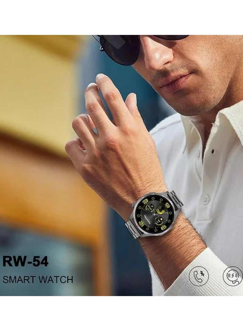 RW-54 Super Max Size (HD,IPS Amolded Display) with 3 Pairs Strap (Silicone+Leather+Stainless Steel) and Wireless Charger For Gents and Boys Black_Black