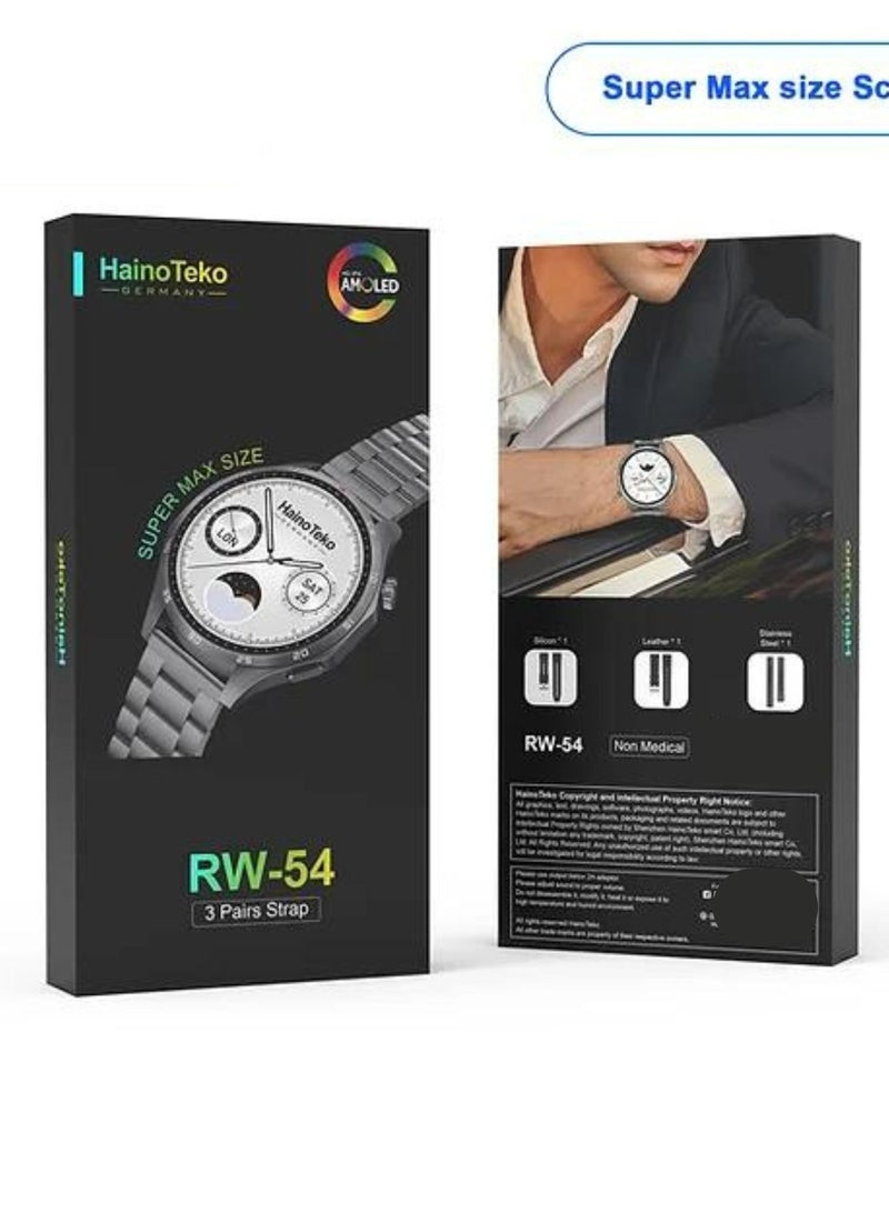 RW-54 Super Max Size (HD,IPS Amolded Display) with 3 Pairs Strap (Silicone+Leather+Stainless Steel) and Wireless Charger For Gents and Boys Black_Black