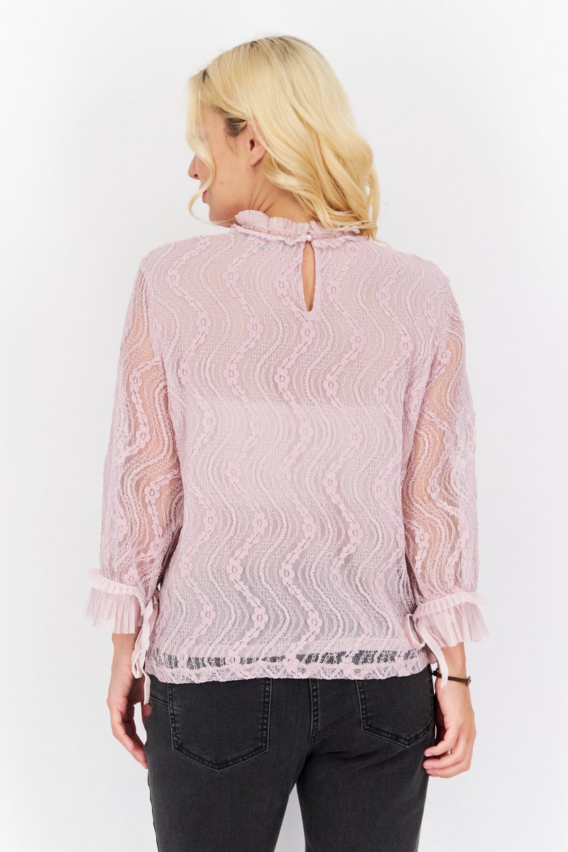 Women Ruffle Neck 3/4 Sleeves Textured Top, Pink