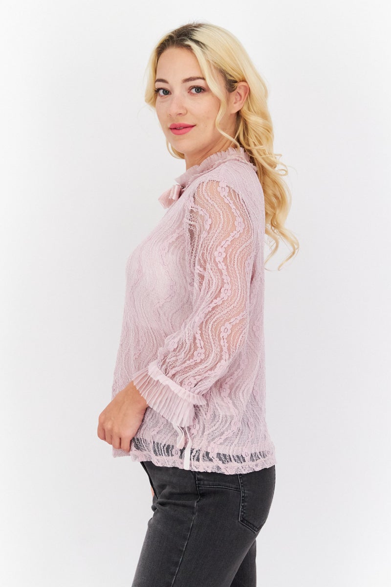 Women Ruffle Neck 3/4 Sleeves Textured Top, Pink