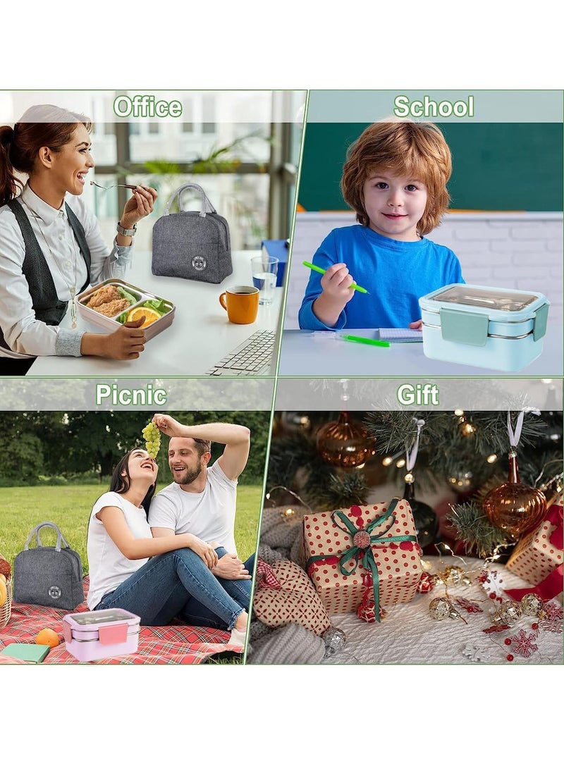 Adando Stainless Steel Lunch Box -1400ml Double Layer Microwave-Safe Bento Containers - 304 Bento box Insulated Leakproof - Insulated Lunch Box Ideal for Adults Office Students School- with Thermal Bag & Cutlery