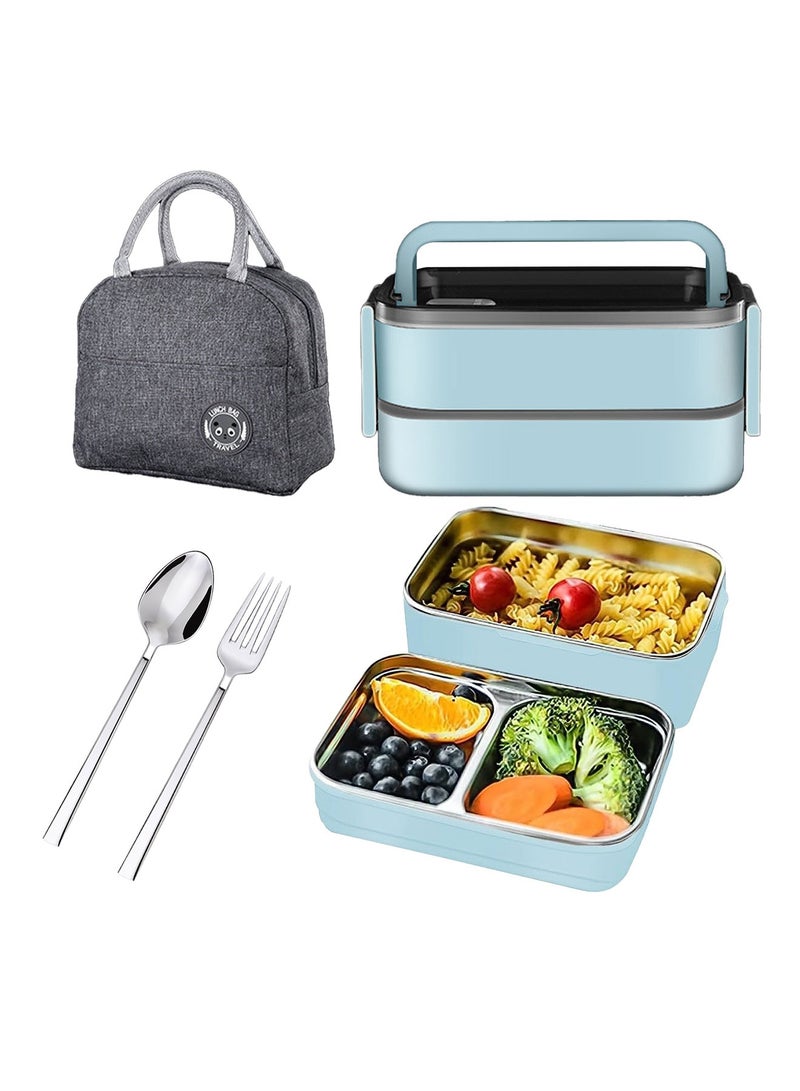 Adando Stainless Steel Lunch Box -1400ml Double Layer Microwave-Safe Bento Containers - 304 Bento box Insulated Leakproof - Insulated Lunch Box Ideal for Adults Office Students School- with Thermal Bag & Cutlery