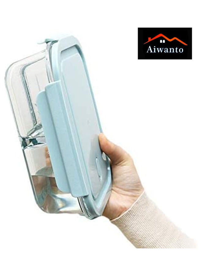 3 Compartment Lunch Box With Lid Glass Blue/Clear 21x16cm