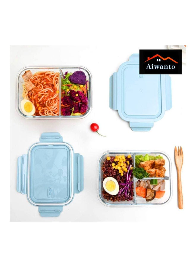 3 Compartment Lunch Box With Lid Glass Blue/Clear 21x16cm