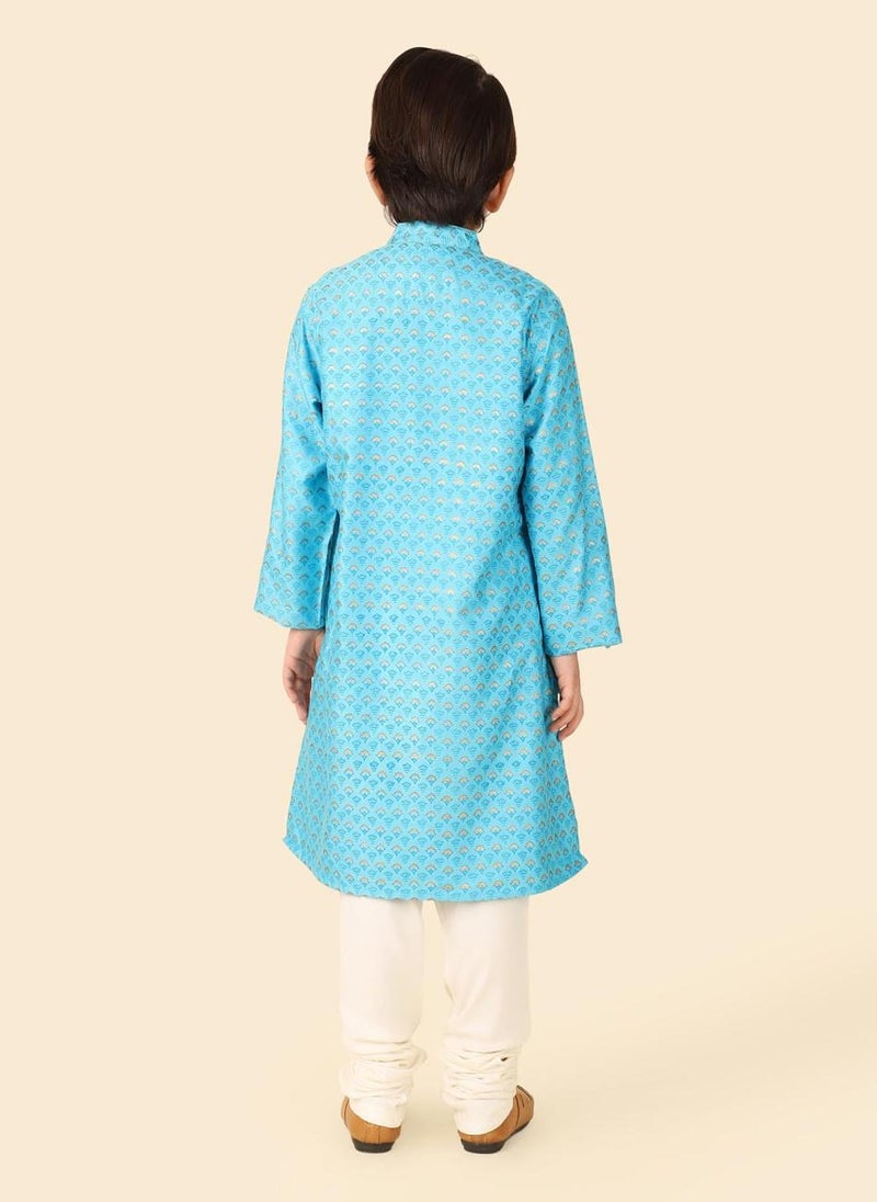 Blue Viscose Silk Hand Block Printed Long Kurta