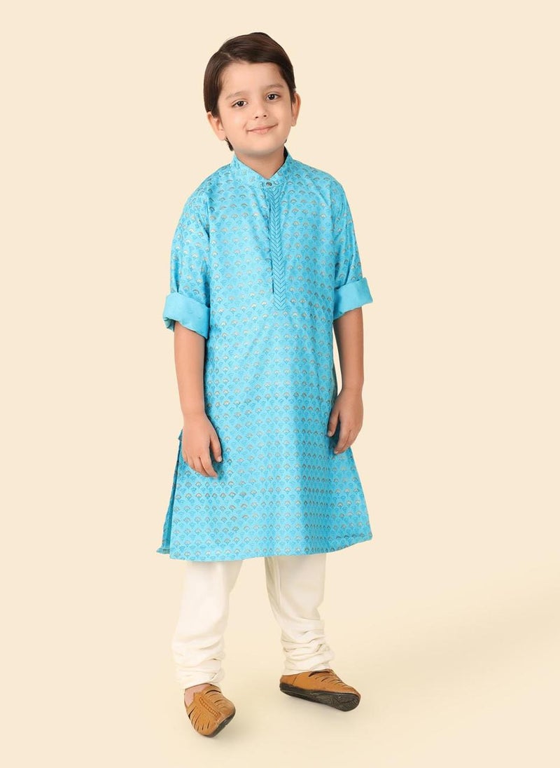 Blue Viscose Silk Hand Block Printed Long Kurta