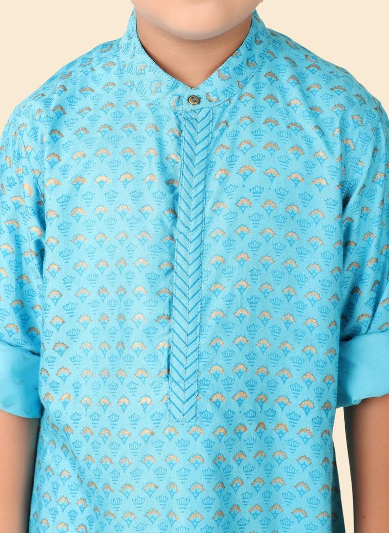 Blue Viscose Silk Hand Block Printed Long Kurta