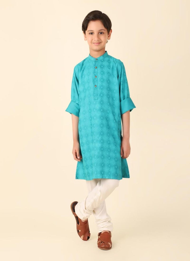 Teal Viscose Silk Hand Block Printed Long Kurta