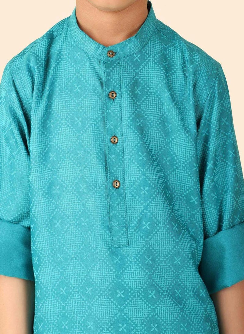 Teal Viscose Silk Hand Block Printed Long Kurta