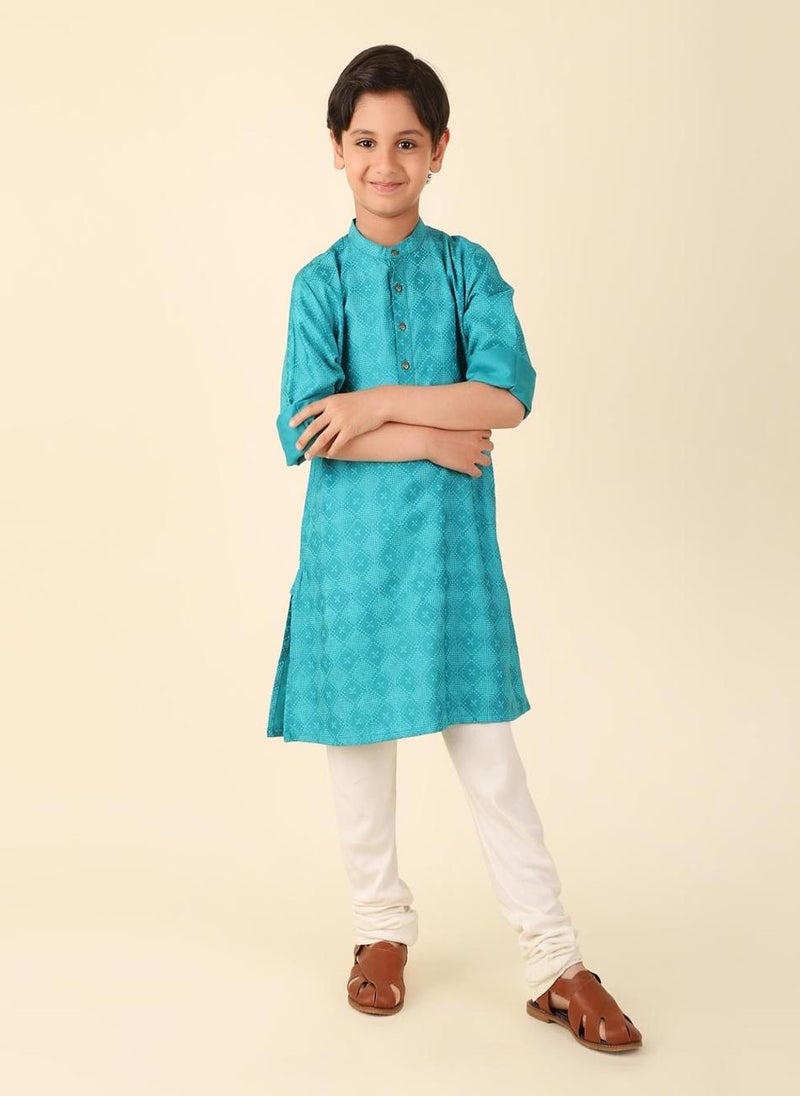 Teal Viscose Silk Hand Block Printed Long Kurta