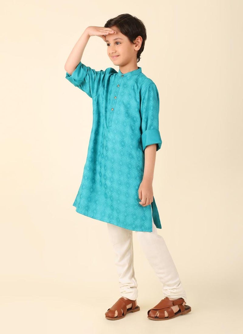 Teal Viscose Silk Hand Block Printed Long Kurta