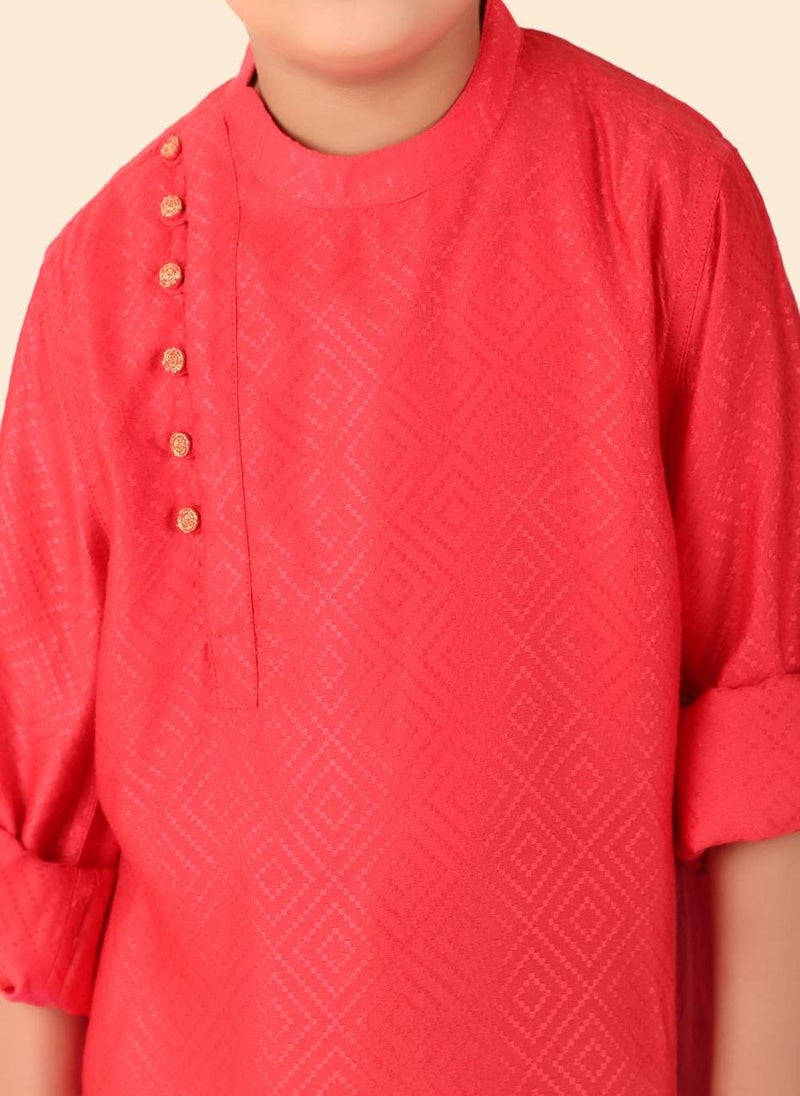 Red Viscose Blend Dobby Long Kurta