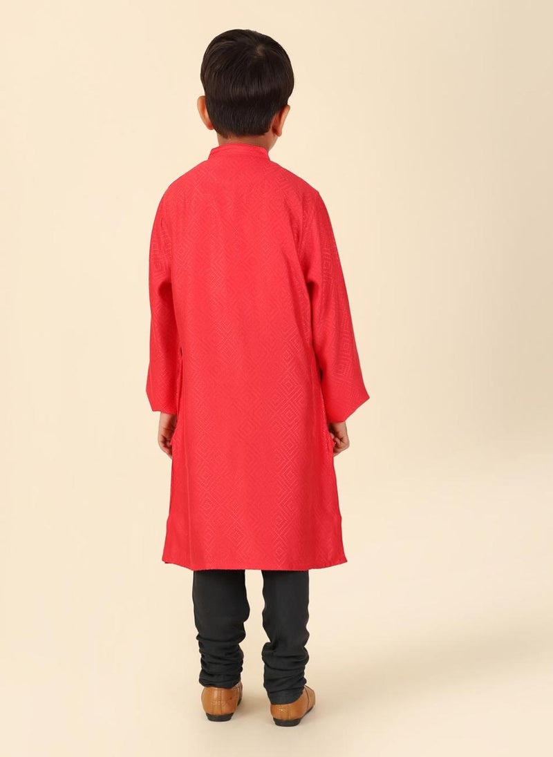 Red Viscose Blend Dobby Long Kurta