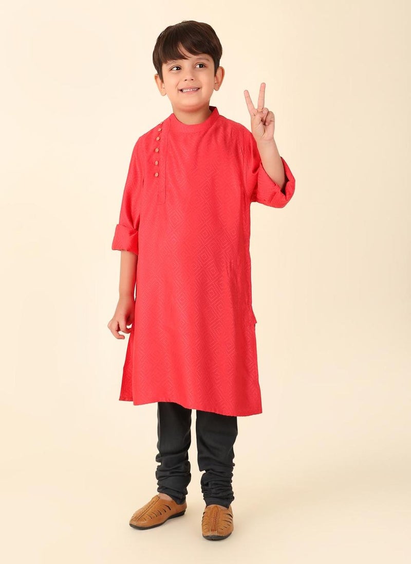 Red Viscose Blend Dobby Long Kurta