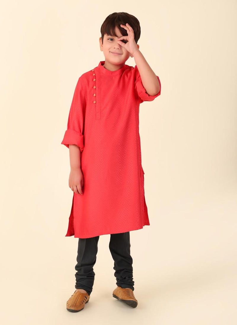 Red Viscose Blend Dobby Long Kurta