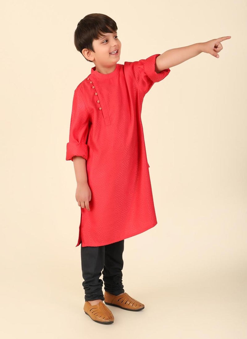 Red Viscose Blend Dobby Long Kurta