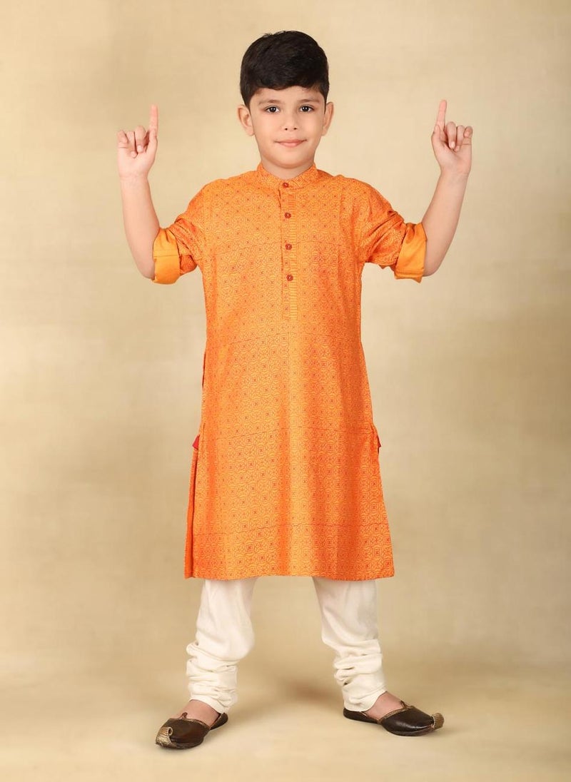 Orange Viscose Silk Hand Block Printed Long Kurta