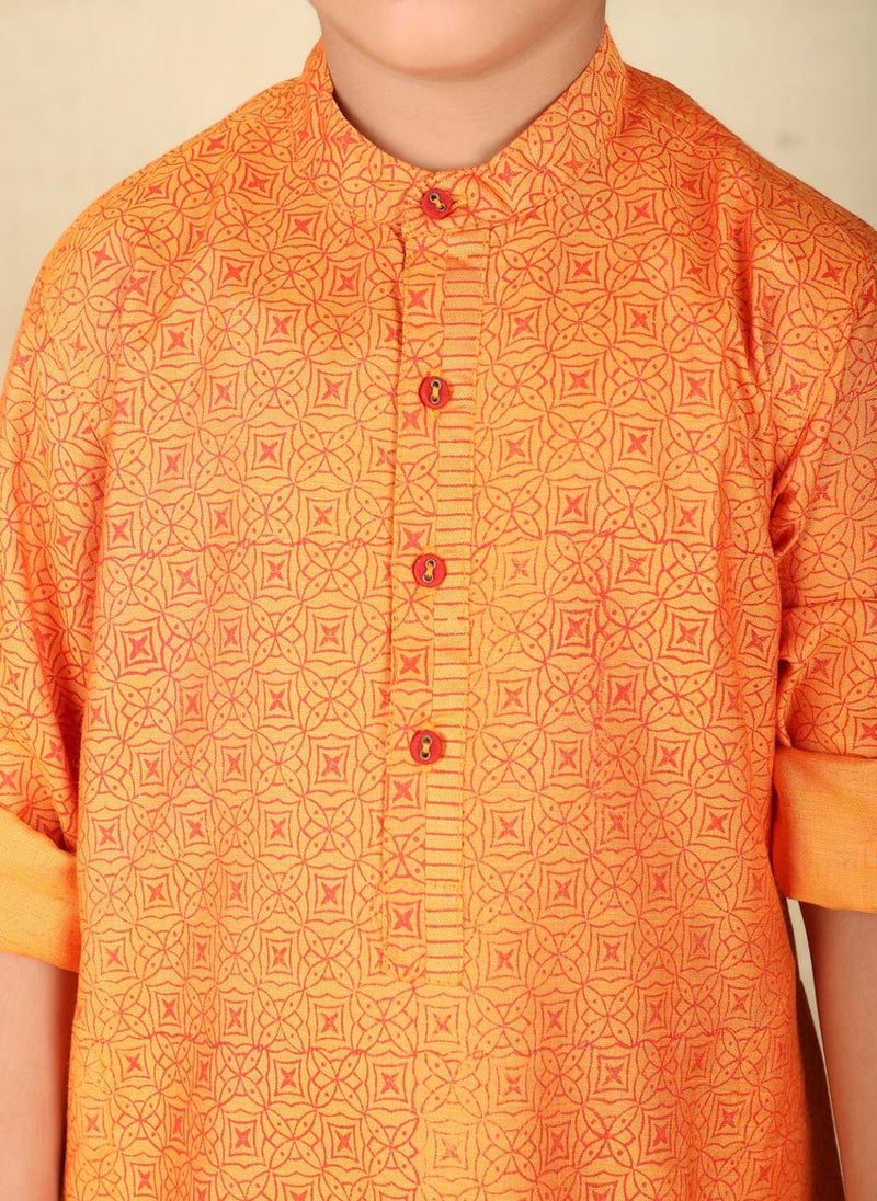 Orange Viscose Silk Hand Block Printed Long Kurta