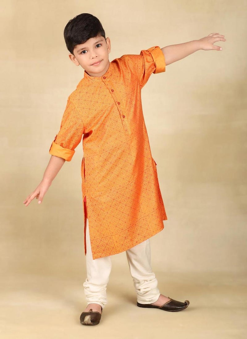 Orange Viscose Silk Hand Block Printed Long Kurta