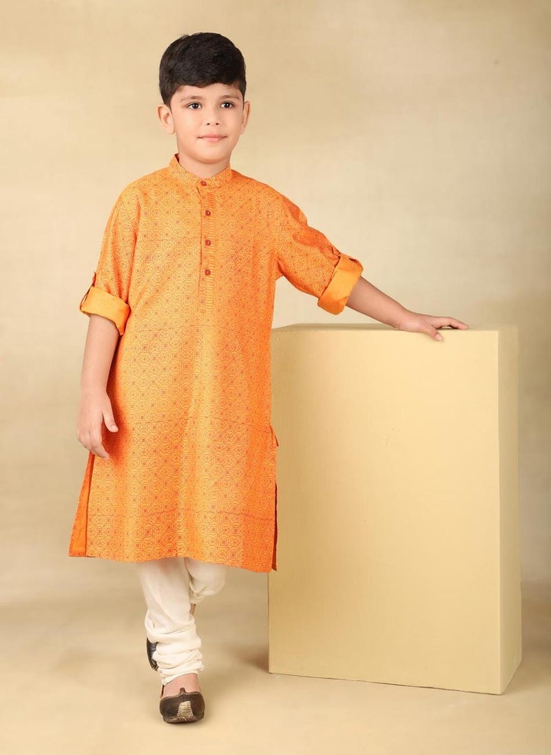 Orange Viscose Silk Hand Block Printed Long Kurta