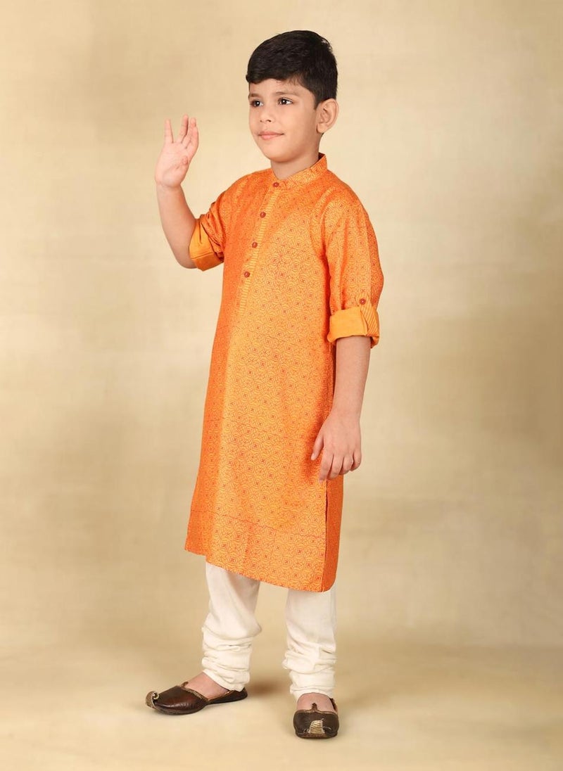 Orange Viscose Silk Hand Block Printed Long Kurta