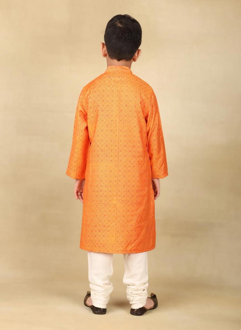 Orange Viscose Silk Hand Block Printed Long Kurta