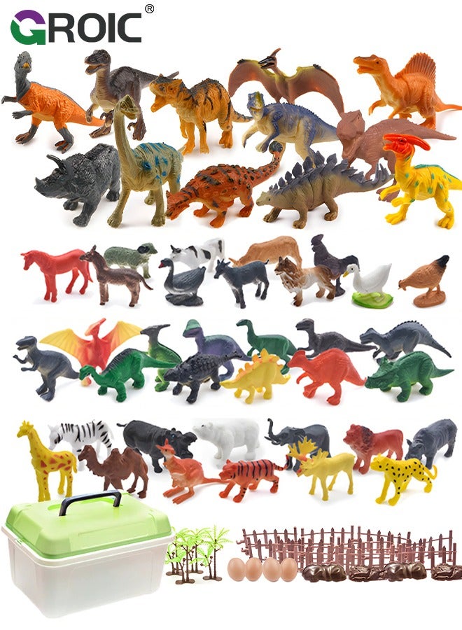 71 Pcs Realistic Dinosaur & Animal Toy Figures Set with Storage Box,2-7 Inch, Figure Set Including T-Rex, Stegosaurus, Triceratops, Pterosaur, Wild and Domestic Animals, Scene Accessories Etc