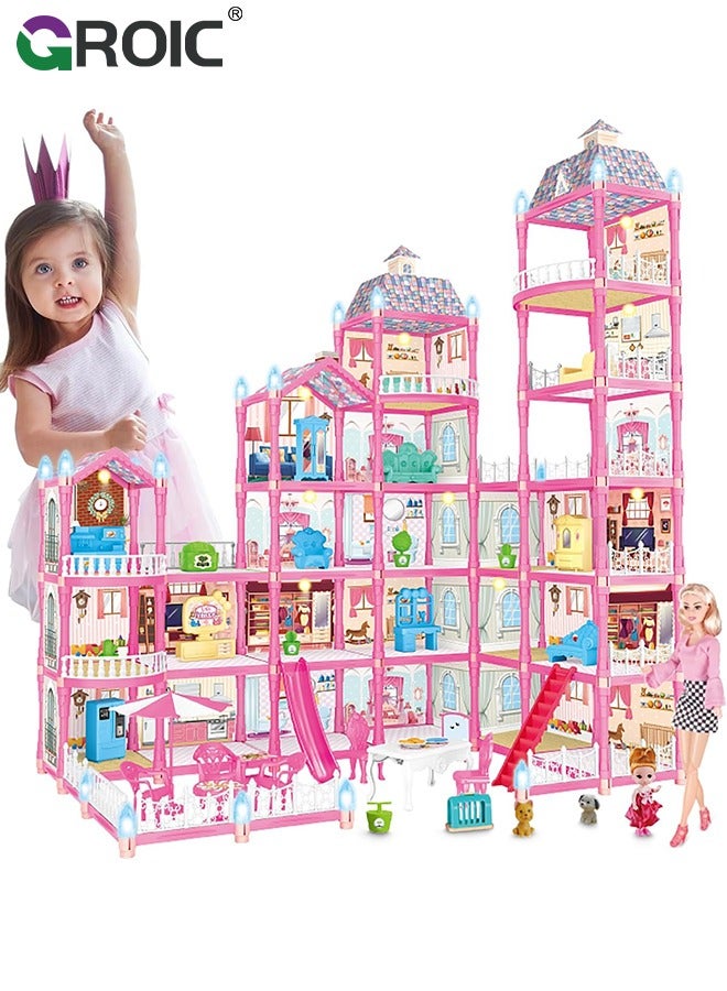 Dollhouse Doll House Toys, 6 Storeys 25 Rooms 2 Balcony, Large Dreamhouse Pretend Play Building Playset with 25 Rooms, Courtyard, Led Light & Slide, Dollhouse Asseccories and Furniture