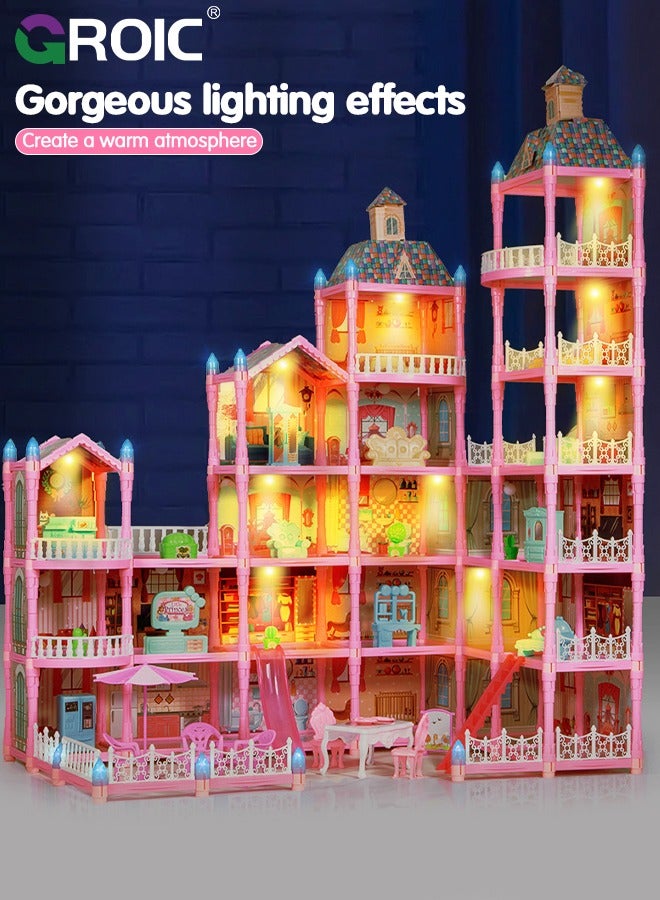 Dollhouse Doll House Toys, 6 Storeys 25 Rooms 2 Balcony, Large Dreamhouse Pretend Play Building Playset with 25 Rooms, Courtyard, Led Light & Slide, Dollhouse Asseccories and Furniture